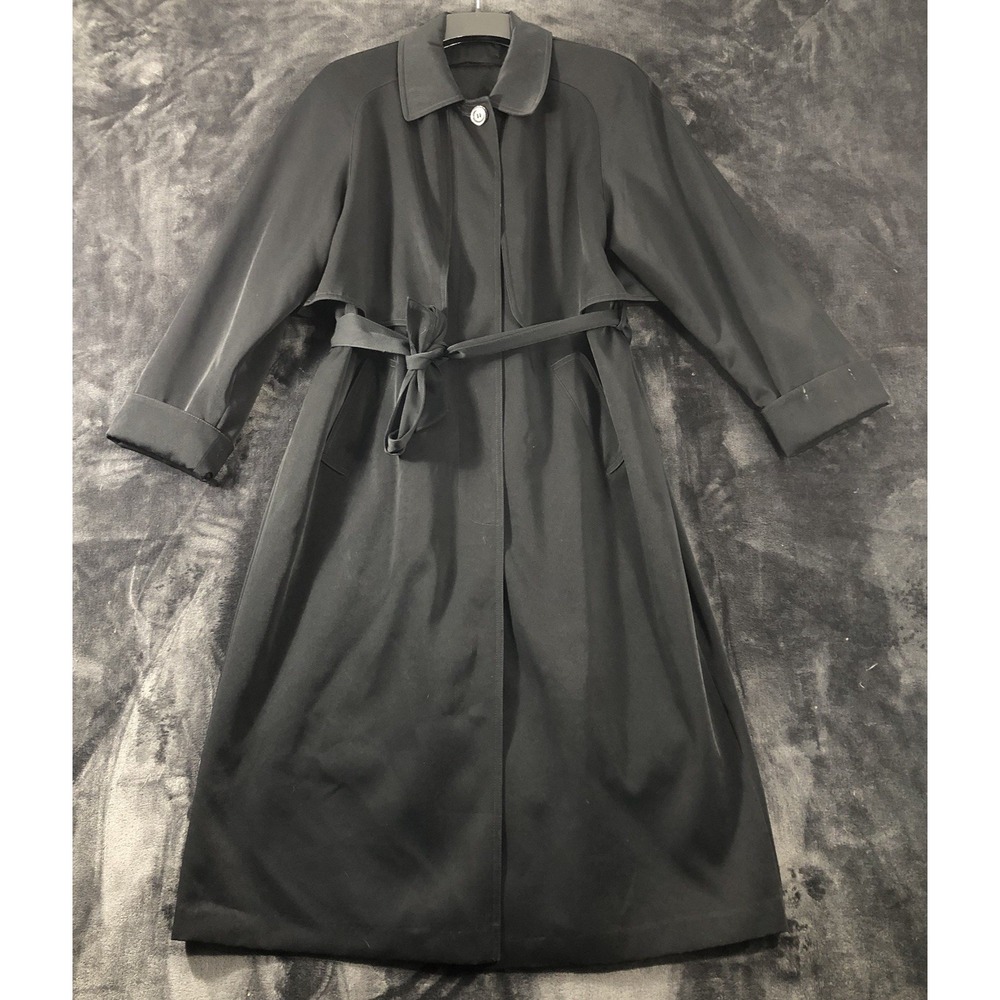 Gallery Petite Trench Coat Women's Size‎ 12 Black Belted Long Lined Jacket